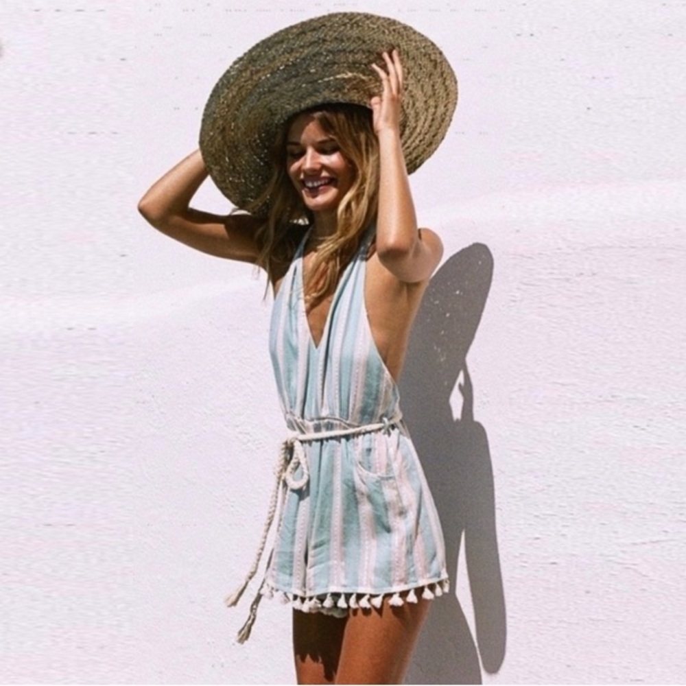 Spell Riviera Striped Halter Romper with Tassels